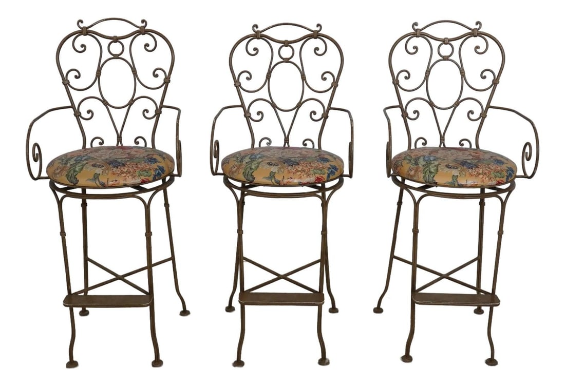 Set of 3 Italian Gold Iron Revolving Bar Stools: Set of 3 Italian Gold Iron Revolving Bar Stools Enhance your seating with this set of three Italian-style scrolled iron revolving seat bar stools. Crafted with high-quality construction and featuring