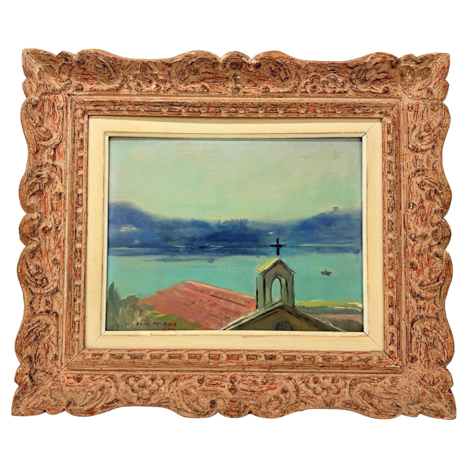 Guy Pene du Bois La Chapelle Des Pecheurs Oil Painting American Modernism: Guy Pene du Bois La Chapelle Des Pecheurs Oil Painting American Modernism This captivating oil on board painting, titled "La Chapelle Des Pecheurs" (The Fishermen's Chapel), exemplifies Guy Pene du Bo