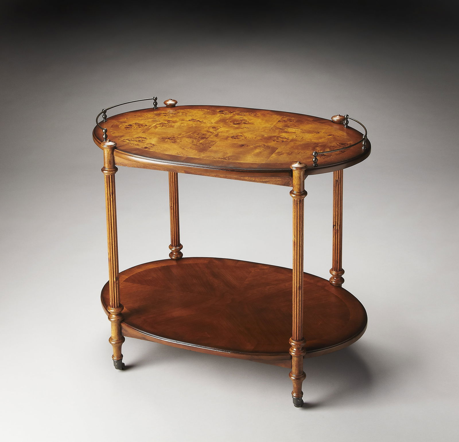 Butler Olive Ash Burl Handcrafted Tea Server Bar Cart with Casters: Butler Olive Ash Burl Handcrafted Tea Server Bar Cart with Casters Introducing a beautifully handcrafted Olive Ash Burl Tea Server designed with casters for effortless mobility. This elegant bar cart