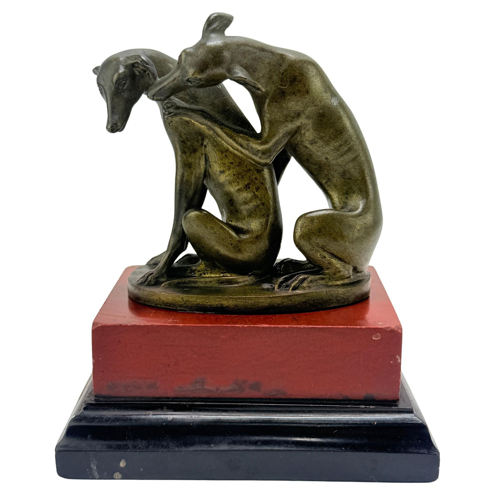 19th Century Grand Tour Bronze Whippets Sculpture on Marble Base: 19th Century Grand Tour Bronze Whippets Sculpture on Marble Base This exquisite late 19th-century sculpture features a finely detailed bronze group of two whippets, capturing their affectionate nature