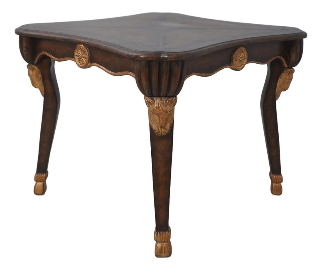 Regency Style Rams Head Games Table with Leather Top: Regency Style Rams Head Games Table with Leather Top This exquisite Regency Style Games Table features a beautifully tooled leather top and is supported by intricately carved ram's head legs with eleg