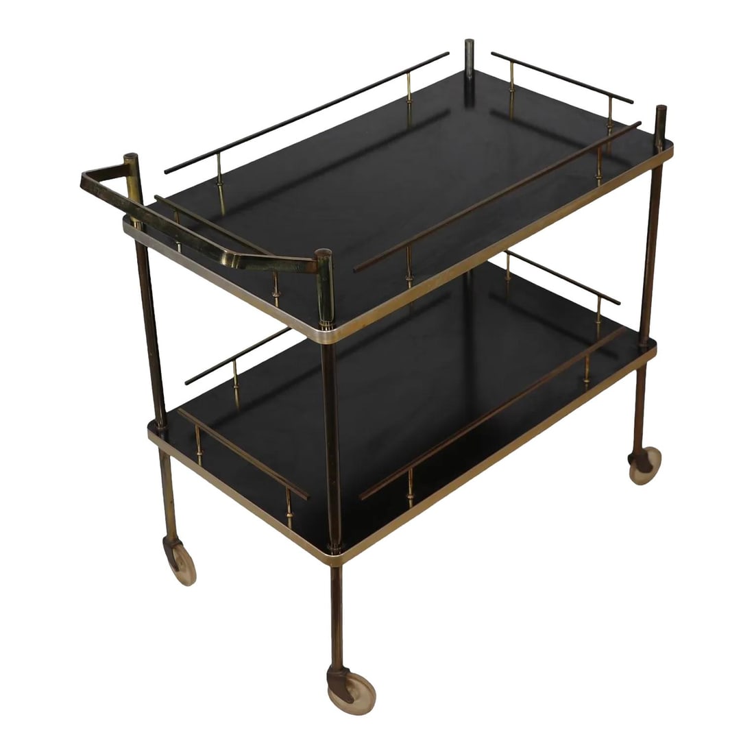 Hollywood Regency Brass Bar Cart Black Laminate After Maxwell Phillips 1970s: Hollywood Regency Brass Bar Cart Black Laminate After Maxwell Phillips 1970s Elevate your entertaining with this chic Hollywood Regency serving bar cart, crafted in the style of Maxwell Phillips from