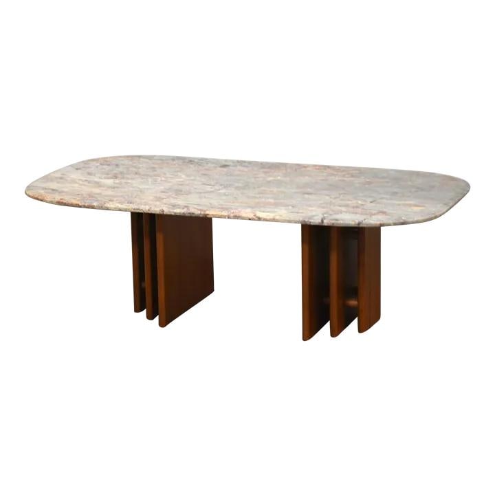 1970s Danish Modern Teak Coffee Table with Marble Top: 1970s Danish Modern Teak Coffee Table with Marble Top This exquisite mid-century modern coffee table features a stunning multi-color marble top set on a warm teak base, embodying the elegance of 1970s