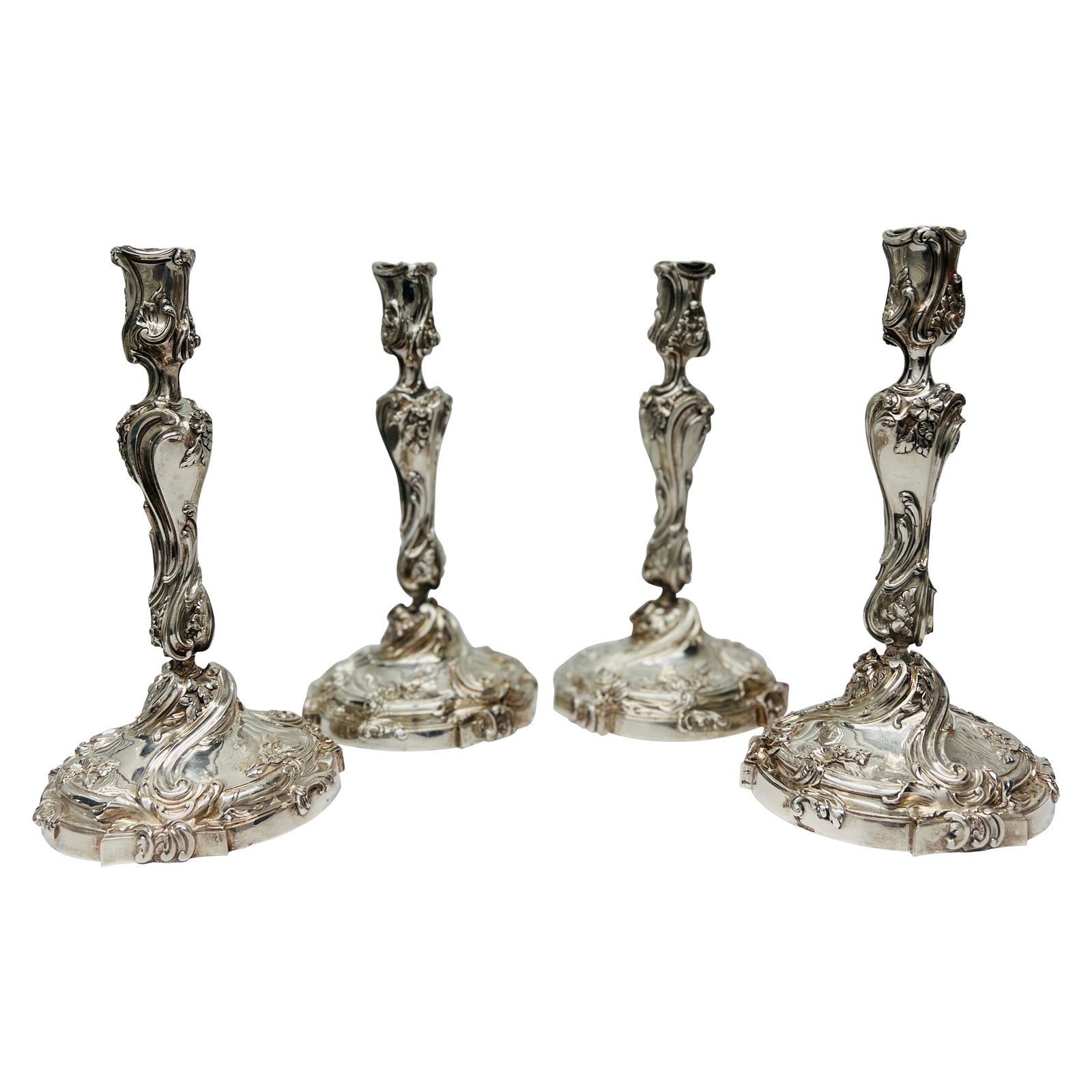 Set of 4 Henri Vian Silver Gilt Bronze Louis XV Candlesticks 1880: Set of 4 Henri Vian Silver Gilt Bronze Louis XV Candlesticks 1880 Experience the elegance of the late 19th century with this exquisite set of 4 Henri Vian Silver Gilt Bronze Candlesticks, crafted in t
