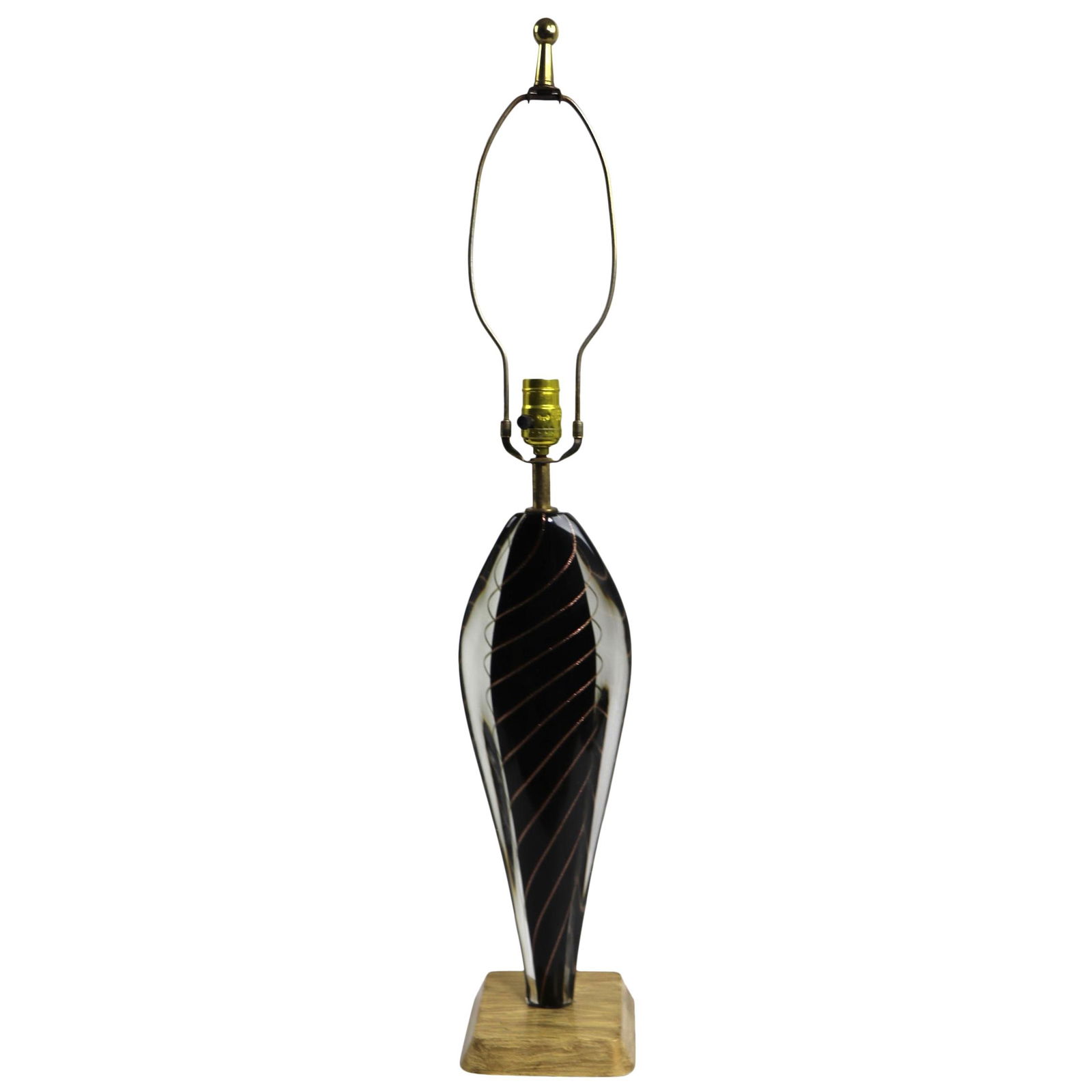 Flavio Poli Murano Lamp Art Glass Black with Gold Fleck: Flavio Poli Murano Lamp Art Glass Black with Gold Fleck This exquisite Murano table lamp by Flavio Poli showcases a chic design with a striking black interior and swirling gold fleck thread accents. T