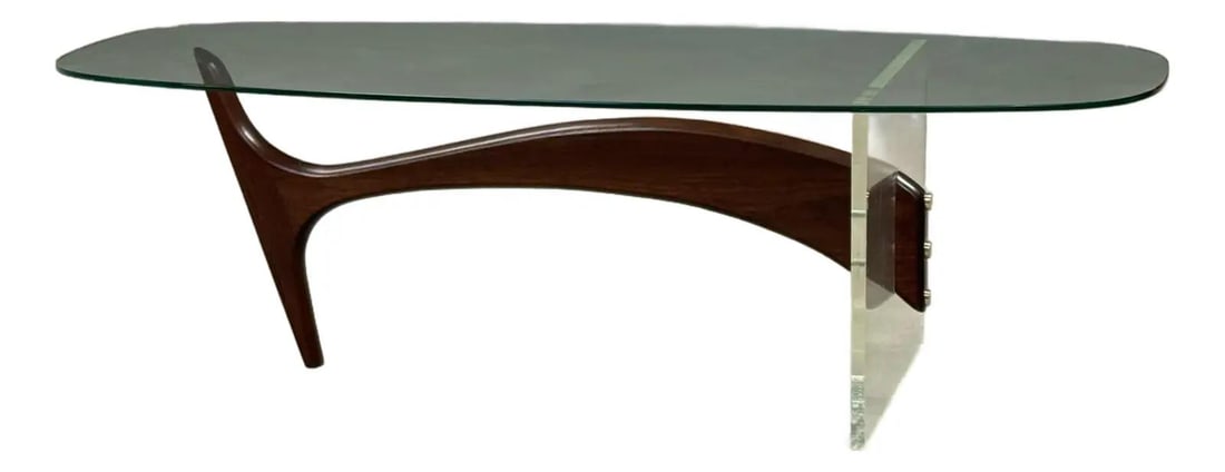 Vladimir Kagan Style Mid Century Walnut Lucite Glass Coffee Table: Vladimir Kagan Style Mid Century Walnut Lucite Glass Coffee Table This exquisite mid-century modern coffee table features a striking combination of walnut and Lucite, accentuated by a sleek oval glass