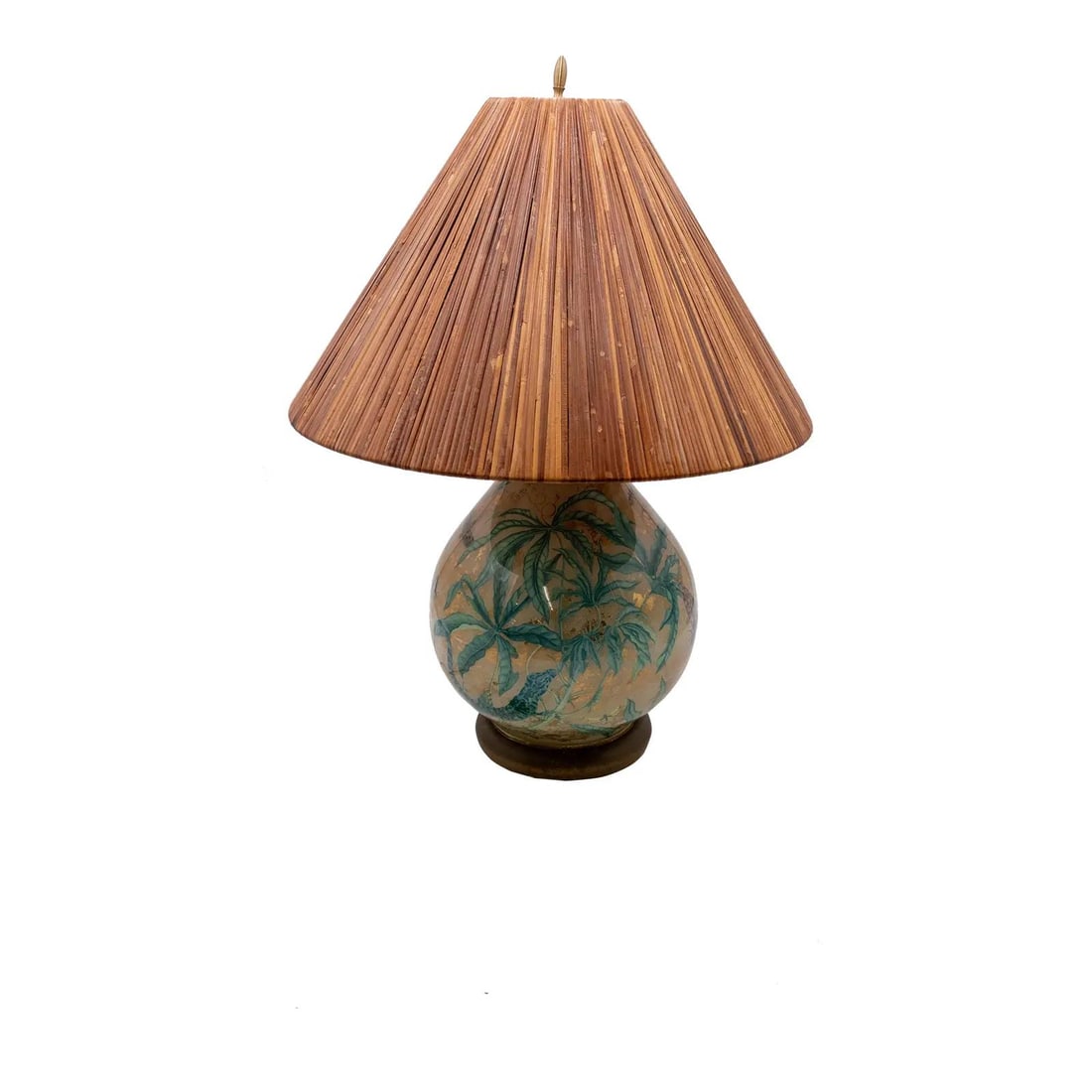 Chinoiserie Vintage Painted Glass Lamp with Bamboo Shade: Chinoiserie Vintage Painted Glass Lamp with Bamboo Shade Illuminate your space with this stunning vintage painted glass lamp featuring a bamboo shade. Crafted approximately 50 years ago, this lamp sho