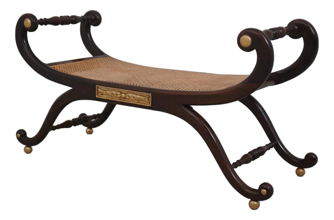 Italian Neoclassical Vintage Cane Seat Window Bench with Gold Accents: Italian Neoclassical Vintage Cane Seat Window Bench with Gold Accents This exquisite Italian Neoclassical cane seat window bench showcases a beautiful design with scrolled arms and subtle gold accents