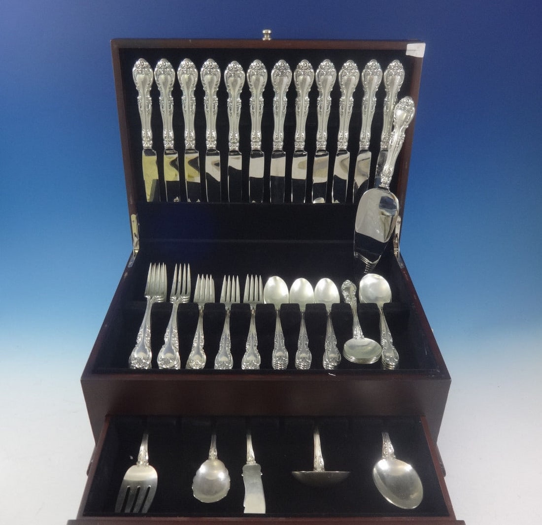 Gorham Melrose Sterling Silver Flatware Set 66 Pieces with Storage Chest: Gorham Melrose Sterling Silver Flatware Set 66 Pieces with Storage Chest Elevate your dining experience with the Melrose by Gorham Sterling Silver Flatware Set, a complete service for 12 that combines