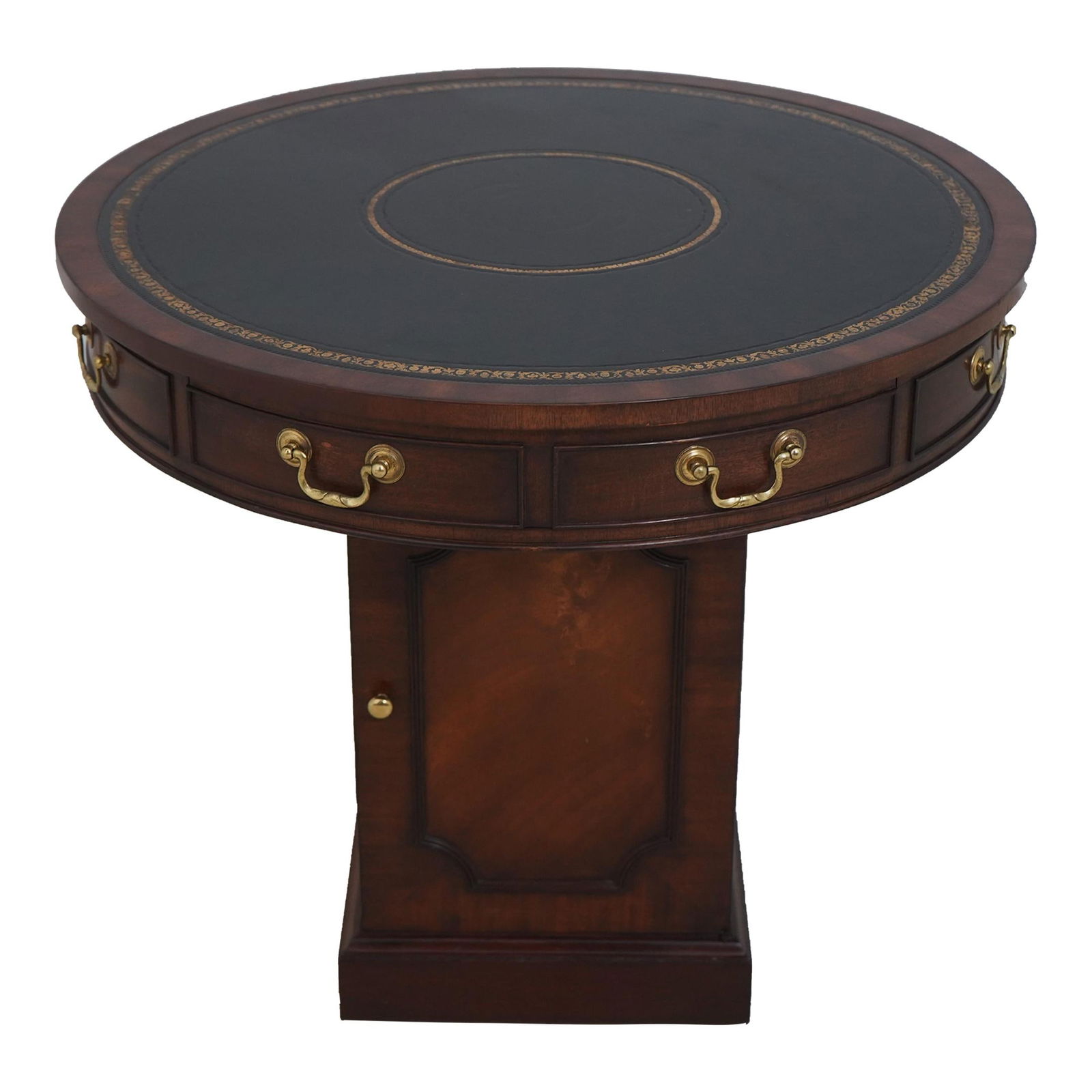 Kittinger English Drum Table Cabinet Mahogany Black Leather Top: Kittinger English Drum Table Cabinet Mahogany Black Leather Top This exquisite Kittinger English Style Round Drum Table Cabinet showcases a timeless design with a black tooled leather top and high-qua