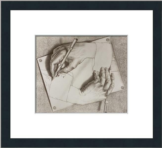 M.C. Escher Drawing Hands Framed Lithograph Art Print 1994: M.C. Escher Drawing Hands Framed Lithograph Art Print 1994 This stunning custom gallery framed print features M.C. Escher's iconic artwork, "Drawing Hands," produced using offset lithography. The piec