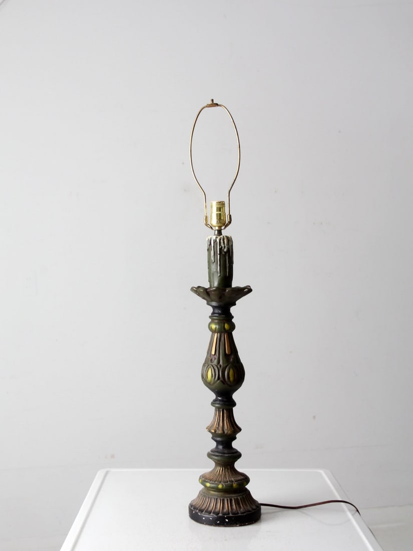 Vintage Olive-Green Plaster Candlestick Table Lamp with Gold Accents: Vintage Olive-Green Plaster Candlestick Table Lamp with Gold Accents This vintage plaster table lamp showcases a pricket style with an ornate design, featuring a rich olive-green finish complemented b