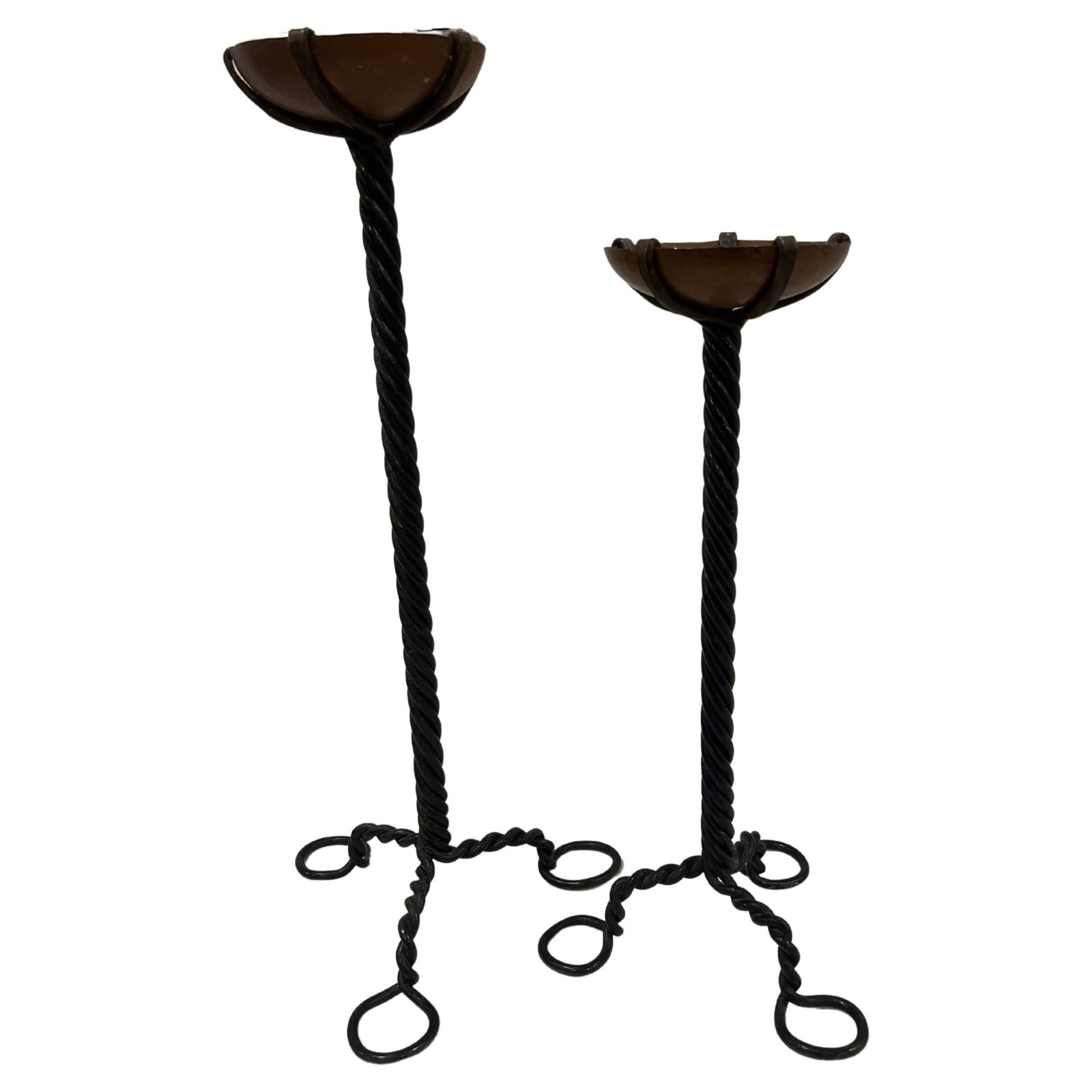 Set of 2 Arts and Crafts Wrought Iron Copper Candlesticks: Set of 2 Arts and Crafts Wrought Iron Copper Candlesticks This exquisite set of two Arts & Crafts period candlesticks showcases a unique blend of design and craftsmanship. Each candlestick features a