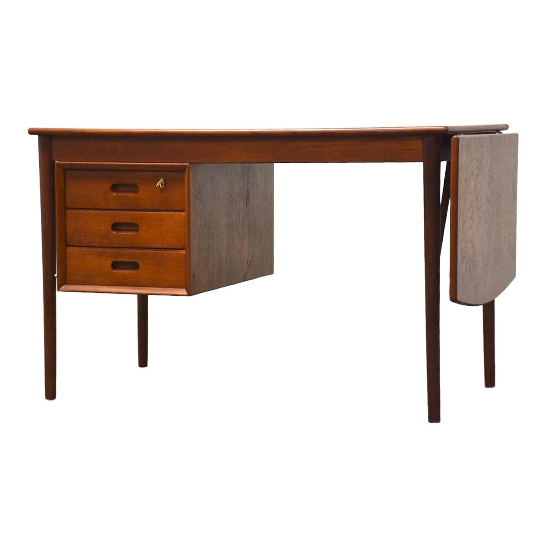 Erik Buch Mid Century Modern Teak Desk with Extension Leaf: Erik Buch Mid Century Modern Teak Desk with Extension Leaf This exquisite mid-century modern teak desk, designed by Erik Buch for O.D. Mobler, showcases a sleek and functional design. It features a re