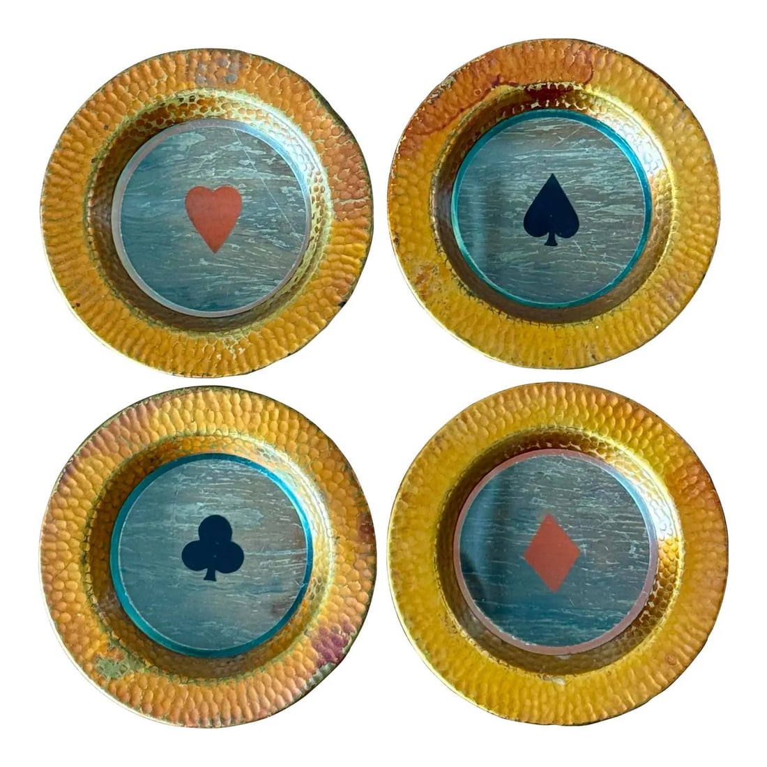 Vintage Boho Game Table Ashtrays Set of 4 Metallic Silver with Gold Rim: Vintage Boho Game Table Ashtrays Set of 4 Metallic Silver with Gold Rim Elevate your entertaining experience with this stylish set of four vintage Boho coasters, featuring the classic card suits: hear
