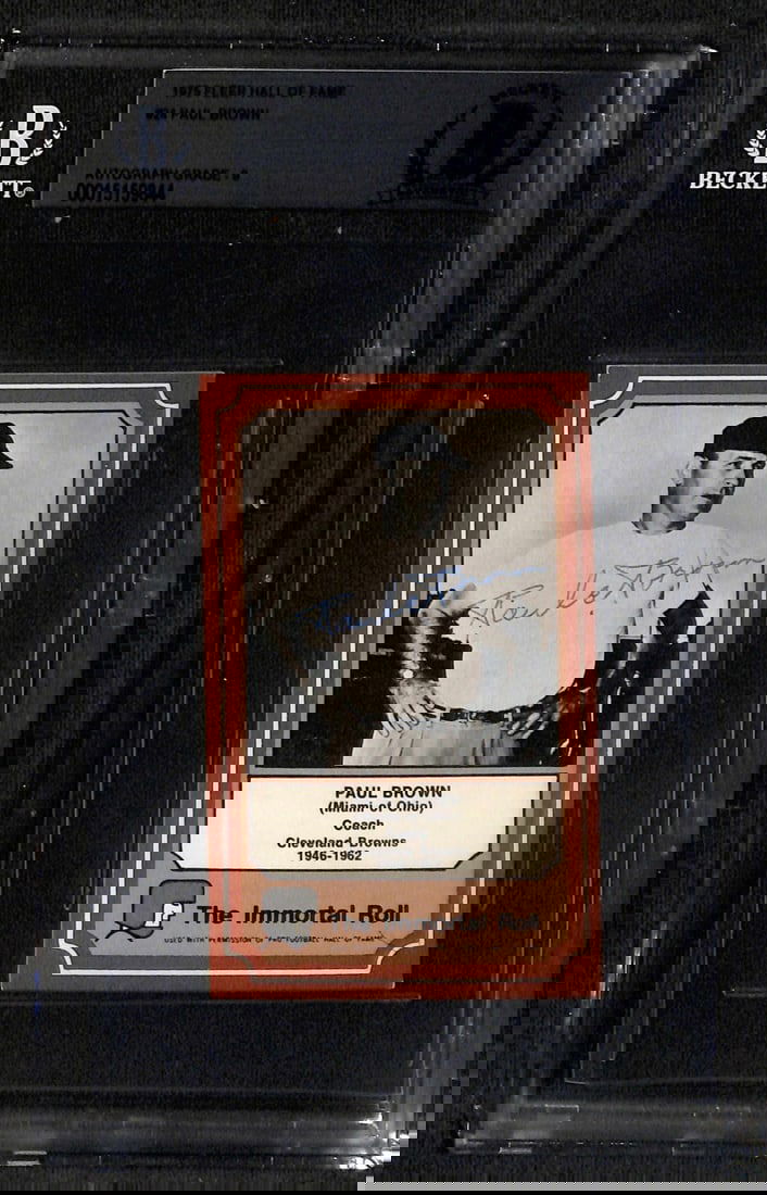 Paul Brown Autographed 1975 Fleer Immortal Roll Football Card Beckett Authenticated: Paul Brown Autographed 1975 Fleer Immortal Roll Football Card Beckett Authenticated This is a signed 1975 Fleer Immortal Roll football trading card featuring the legendary NFL coach Paul Brown, known