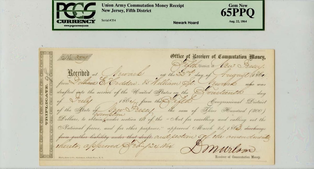 1864 Union Army Commutation Money Receipt MS65 PCGS Certified (1 of 2)