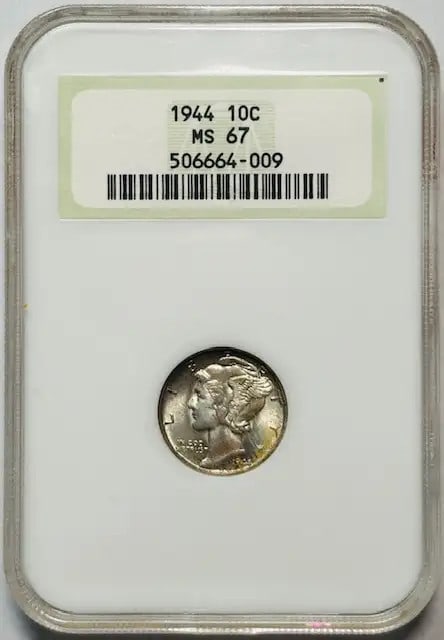 1944 Mercury Dime NGC MS67 Uncirculated Silver Coin: 1944 Mercury Dime NGC MS67 Uncirculated Silver Coin This 1944 Mercury Dime is certified by NGC with a remarkable grade of MS 67, indicating its uncirculated condition. Crafted from silver, this dime i