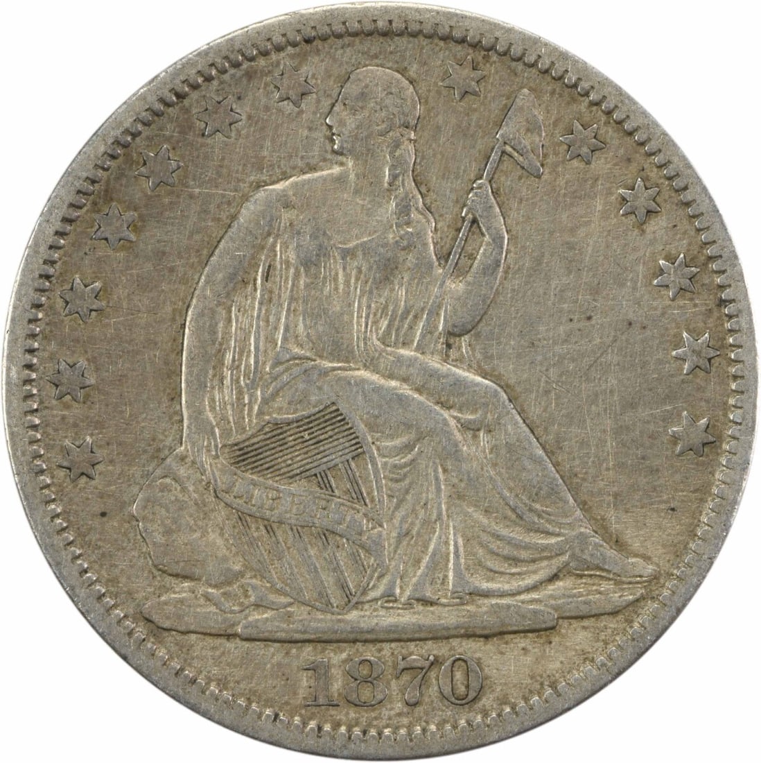 1870-S Liberty Seated Half Dollar Uncertified 50C Silver Coin: 1870-S Liberty Seated Half Dollar Uncertified 50C Silver Coin This 1870-S Liberty Seated Half Dollar showcases a rich historical legacy, designed by renowned artists Thomas Sully and Christian Gobrech