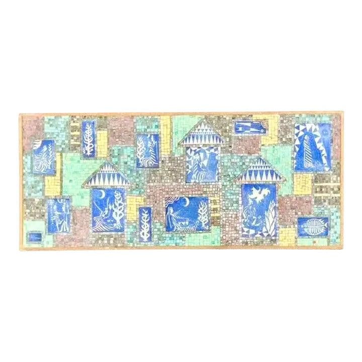 Vintage Mid-Century Modern Mosaic Tile Wall Art Sculpture: Vintage Mid-Century Modern Mosaic Tile Wall Art Sculpture This striking vintage mid-century modern mosaic tile wall sculpture showcases a vibrant array of blues and greens, intricately arranged in geo