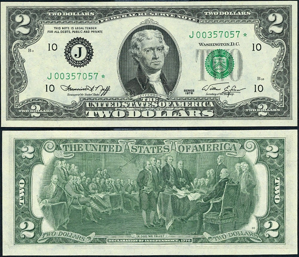 1976 $2 Kansas City Federal Reserve Star Note Gem CU: 1976 $2 Kansas City Federal Reserve Star Note Gem CU This 1976 $2 Federal Reserve Note from the Kansas City J-* Block is a remarkable Gem CU STAR, showcasing exceptional paper quality and vibrant colo