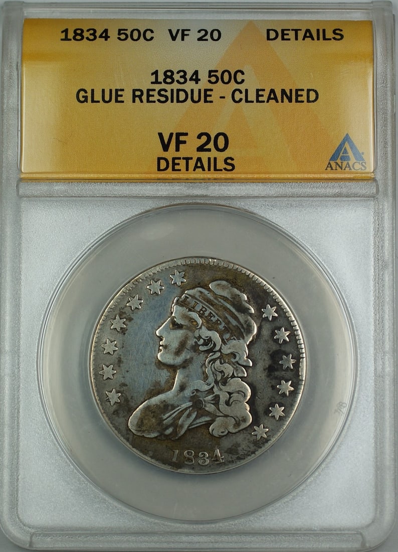 1834 Bust Silver Half Dollar 50c Coin ANACS VF-20 Circulated: 1834 Bust Silver Half Dollar 50c Coin ANACS VF-20 Circulated This 1834 Bust Silver Half Dollar is a remarkable collectible coin certified by ANACS with a grade of VF 20 Details. Struck at the Philadel