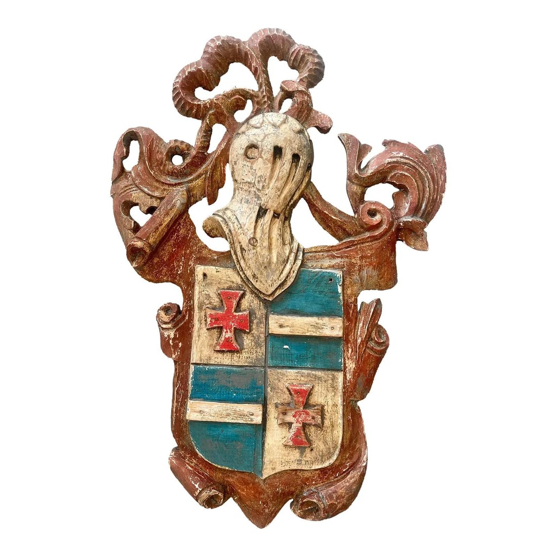 Italian Rustic Hand-Carved Wood Knight Armorial Shield Auburn Color: Italian Rustic Hand-Carved Wood Knight Armorial Shield Auburn Color Presenting a stunning Italian Rustic Carved Wood Knight Armorial Shield, meticulously hand-carved and beautifully painted. This piec