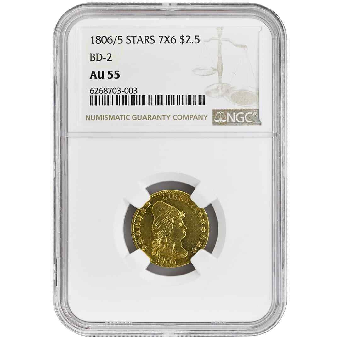 1806/5 $2.50 Draped Bust Gold Coin NGC AU55 Rare: 1806/5 $2.50 Draped Bust Gold Coin NGC AU55 Rare This rare 1806/5 $2.50 Draped Bust coin is a remarkable piece of American numismatic history, certified by NGC with a grade of AU55. Struck in gold at 
