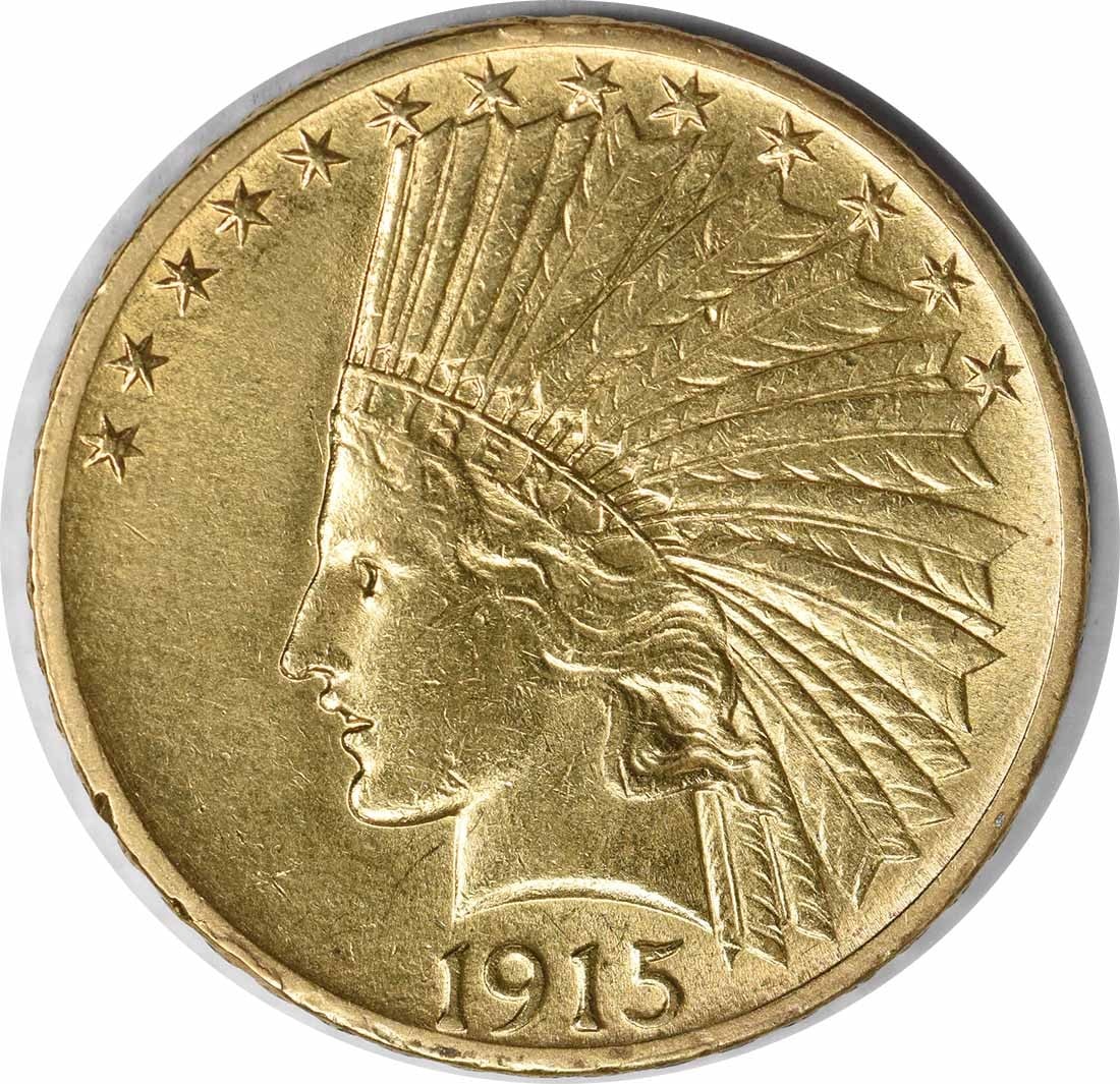 1915 $10 Gold Indian Coin by Saint Gaudens AU Uncertified: 1915 $10 Gold Indian Coin by Saint Gaudens AU Uncertified This stunning 1915 $10 Gold Indian coin is a remarkable piece of American numismatic history. Designed by the renowned Augustus Saint Gaudens,