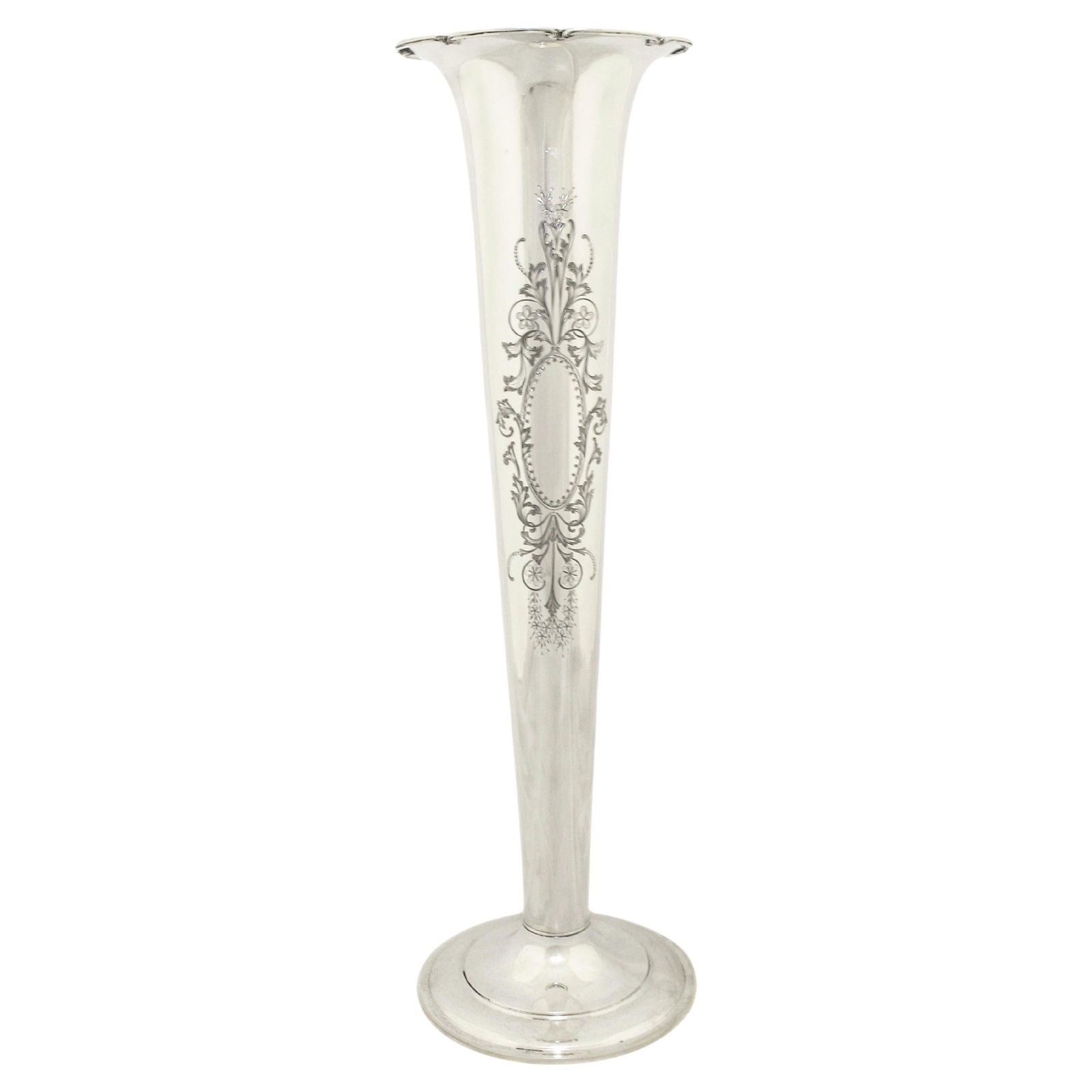 21 Inch Sterling Silver Trumpet Vase by Frank Smith: 21 Inch Sterling Silver Trumpet Vase by Frank Smith This stunning sterling silver trumpet vase measures 21 inches in height and 5 inches in diameter, showcasing the elegant proportions typical of earl