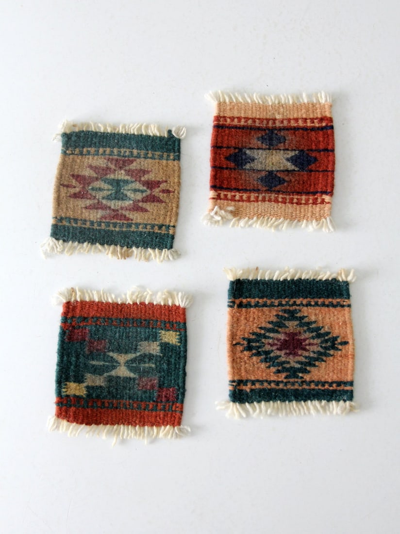 Set of 4 Vintage Southwestern Wool Coasters with Fringe: Set of 4 Vintage Southwestern Wool Coasters with Fringe Enhance your home decor with this charming set of four vintage Southwestern textile coasters. Each coaster showcases unique woven patterns accen