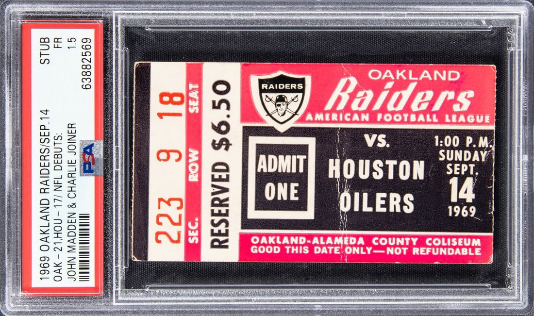 John Madden NFL Debut Ticket 1969 Raiders vs Oilers PSA POP 5: John Madden NFL Debut Ticket 1969 Raiders vs Oilers PSA POP 5 This item is a ticket stub from Hall of Fame coach John Madden's first game as an NFL head coach, held on September 14, 1969. The game too