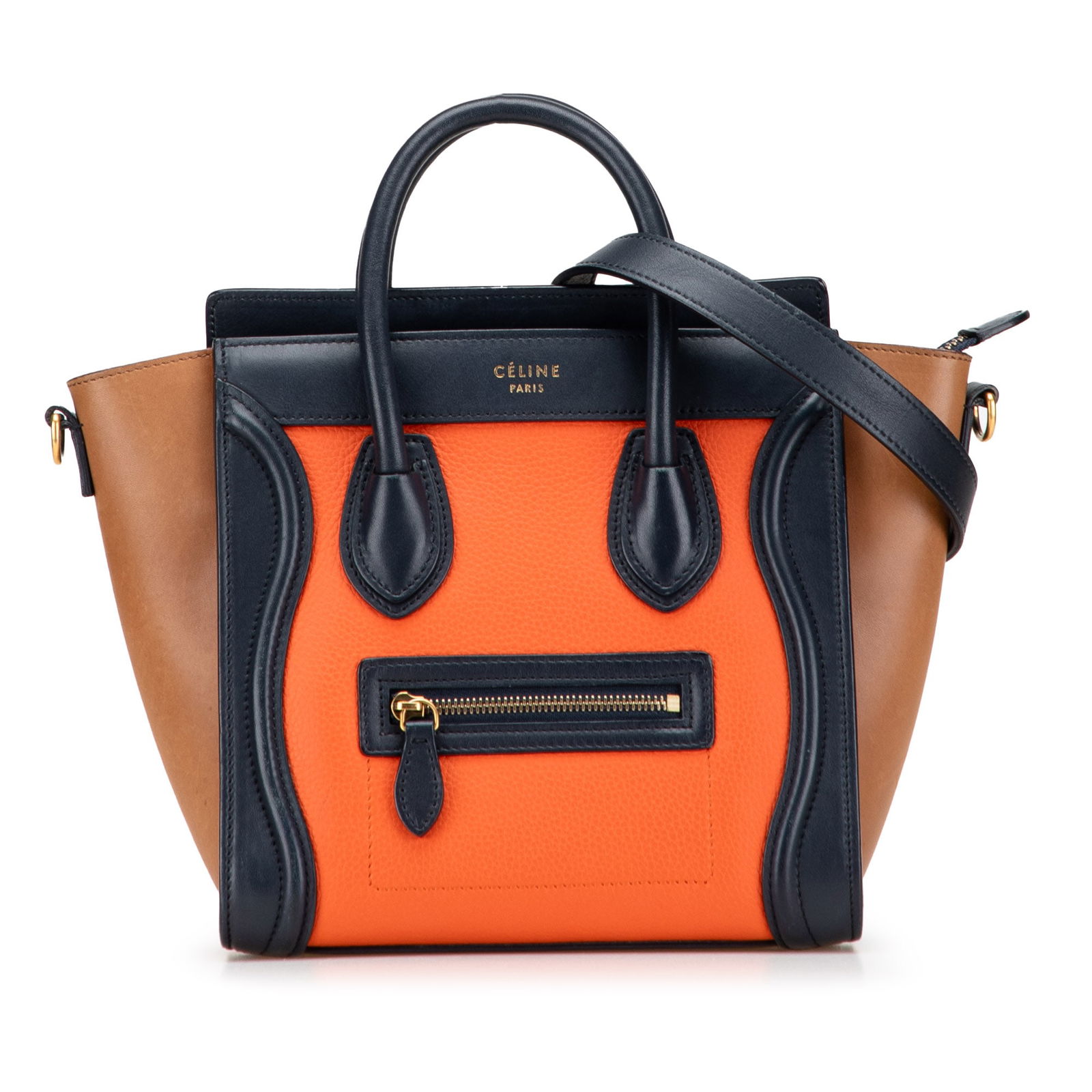 Celine Nano Tricolor Leather Luggage Tote Orange Italy: Celine Nano Tricolor Leather Luggage Tote Orange Italy Introducing the Celine Nano Tricolor Leather Luggage Tote, a chic and compact bag crafted from high-quality leather. This stylish tote features r