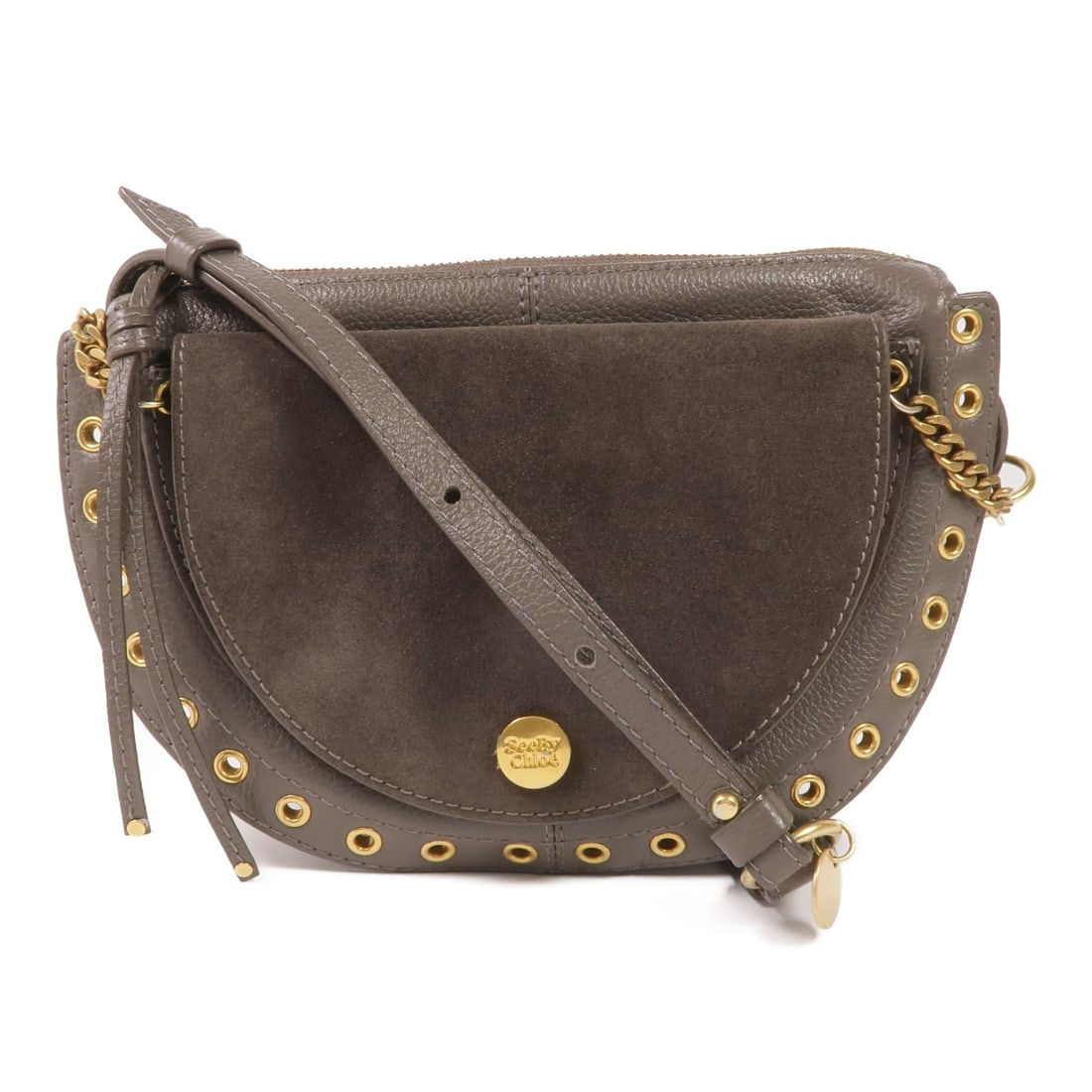 SEE BY CHLOE Gray Calfskin Leather Suede Shoulder Bag: SEE BY CHLOE Gray Calfskin Leather Suede Shoulder Bag This stylish shoulder bag from SEE BY CHLOE is crafted from high-quality calfskin leather and suede, featuring a sophisticated gray color. The bag