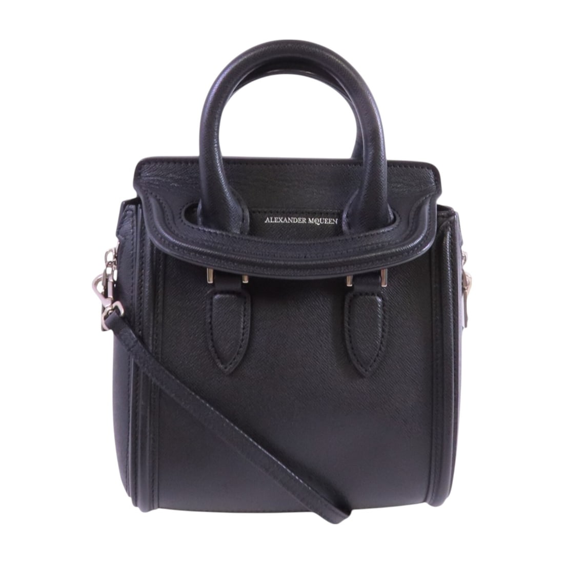 Alexander McQueen Black Calfskin Mini Heroine 2-Way Shoulder Bag: Alexander McQueen Black Calfskin Mini Heroine 2-Way Shoulder Bag Experience luxury with the Alexander McQueen Heroine Mini Hand Shoulder Bag, crafted from premium calfskin leather. This versatile 2-wa