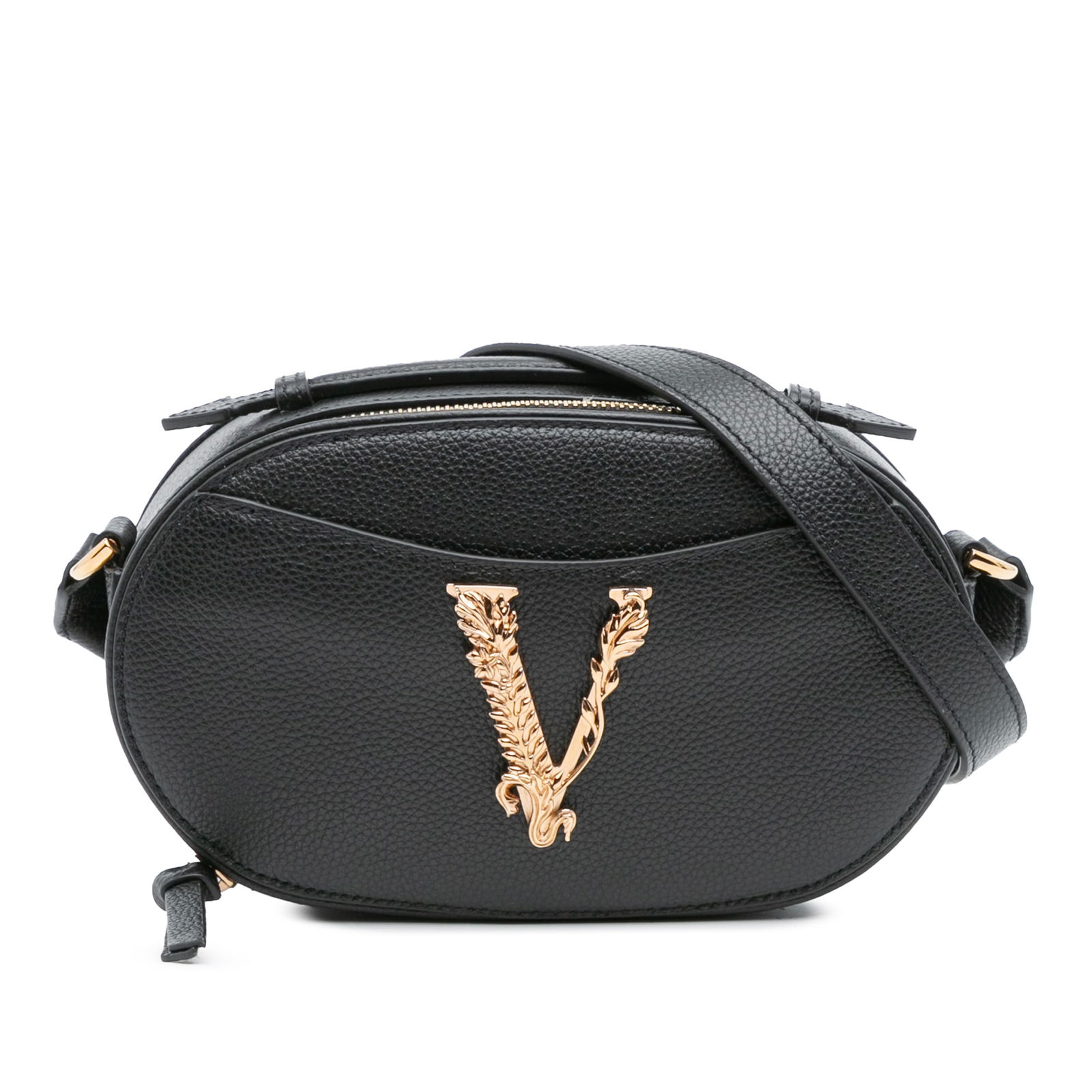 Versace Grainy Calfskin Virtus V Camera Bag Black Leather Satchel: Versace Grainy Calfskin Virtus V Camera Bag Black Leather Satchel The Versace Grainy Calfskin Virtus V Camera Bag is a stylish satchel crafted from high-quality leather. It features a flat leather top