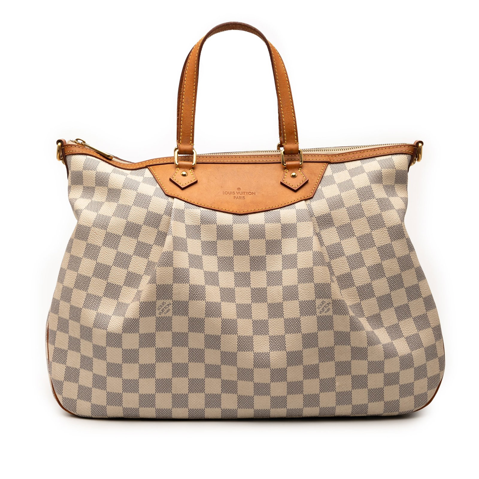 Louis Vuitton Damier Azur Siracusa GM Bag with Vachetta Trim: Louis Vuitton Damier Azur Siracusa GM Bag with Vachetta Trim The Louis Vuitton Damier Azur Siracusa GM is a stylish bag crafted from durable damier azur canvas and complemented with vachetta leather t