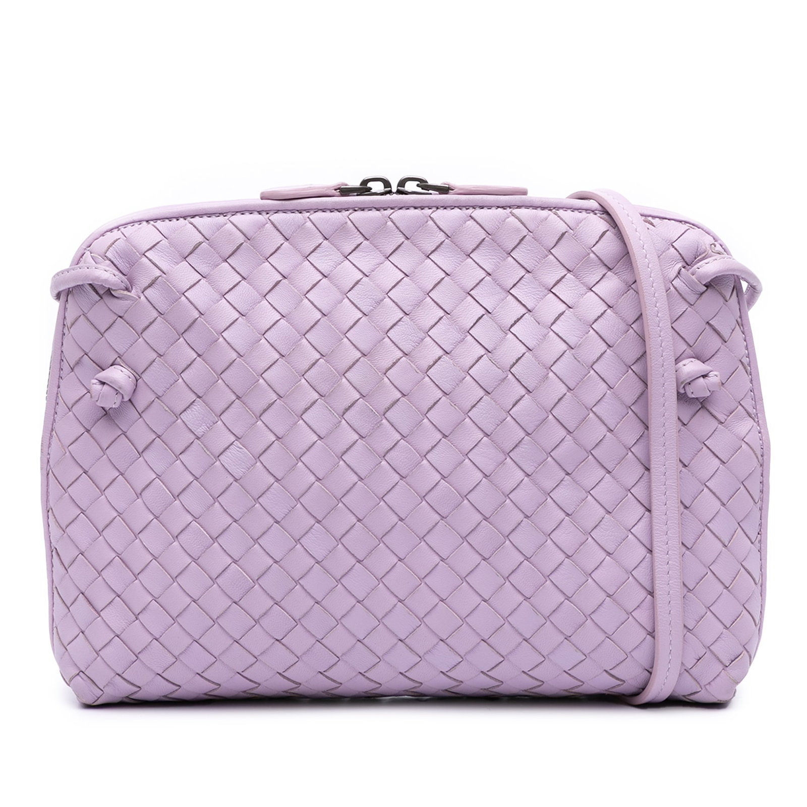 Bottega Veneta Purple Nappa Intrecciato Nodini Crossbody Bag: Bottega Veneta Purple Nappa Intrecciato Nodini Crossbody Bag The Bottega Veneta Nappa Intrecciato Nodini Crossbody bag is a stunning accessory crafted from woven leather, showcasing a beautiful purple
