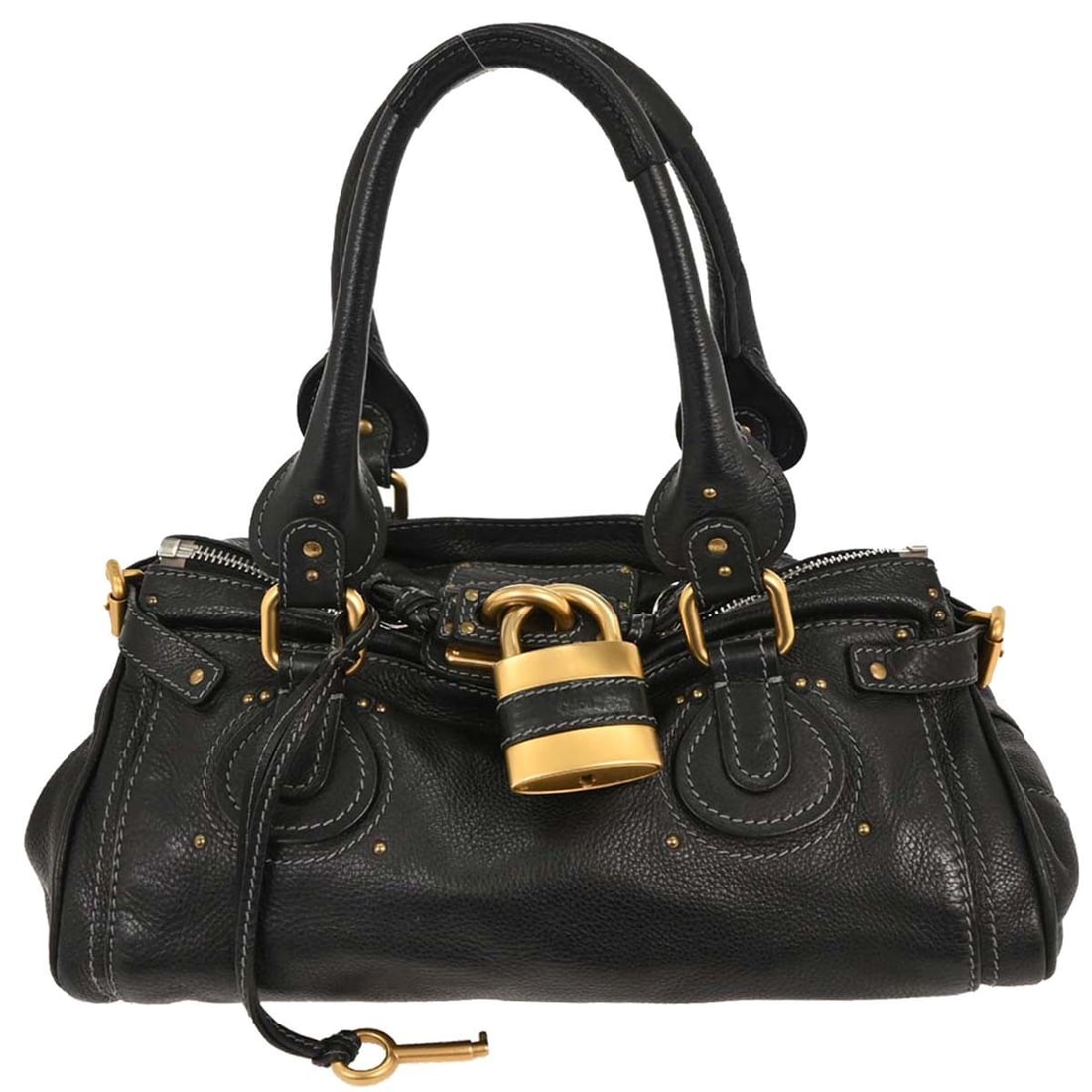 Chloe Paddington Black Leather Handbag with Gold Hardware: Chloe Paddington Black Leather Handbag with Gold Hardware Introducing the Chloe Black Paddington Handbag, a perfect blend of style and functionality. This medium-sized top handle bag is crafted from h
