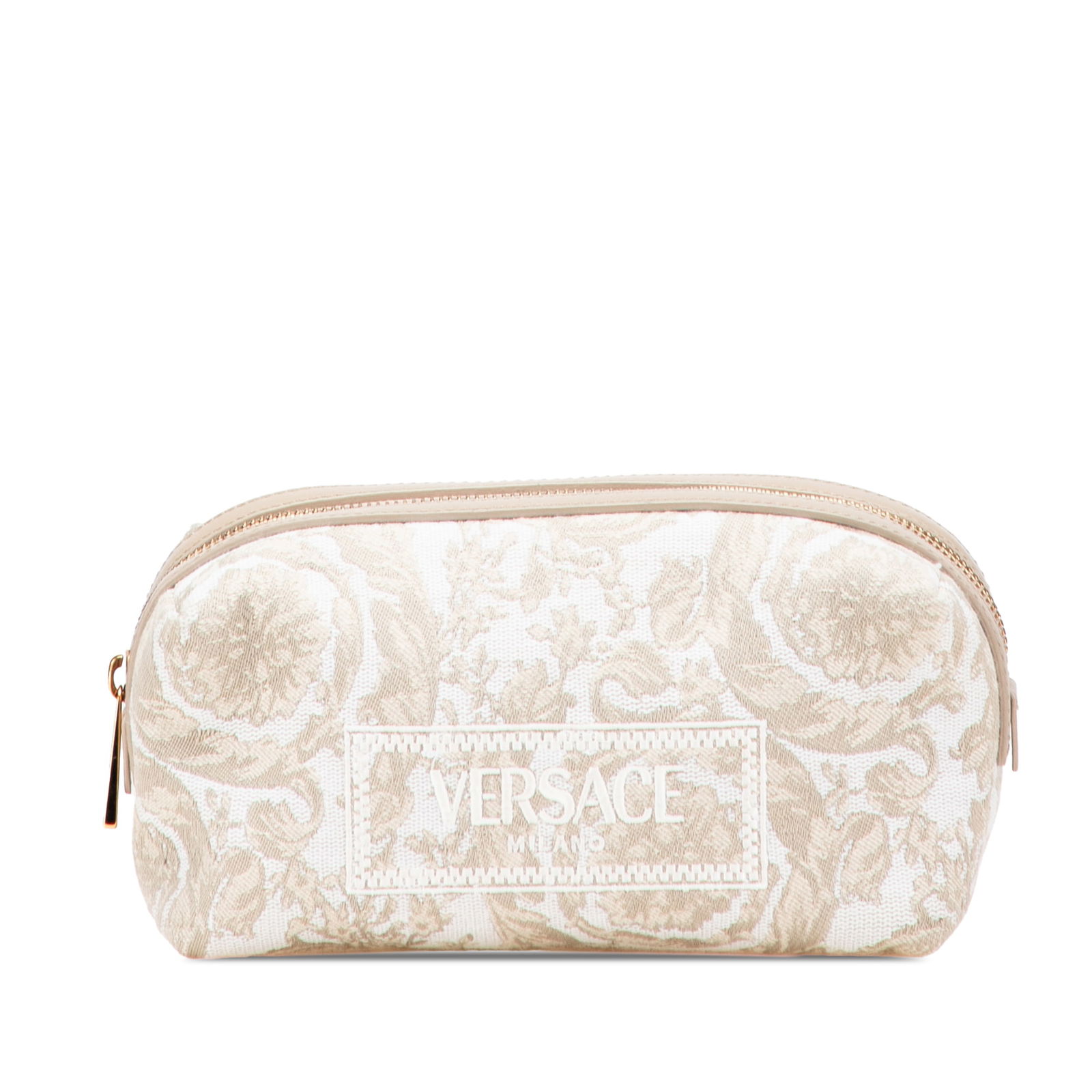 Versace Canvas Athena Beauty Pouch Brown Leather Trim Italy: Versace Canvas Athena Beauty Pouch Brown Leather Trim Italy Introducing the Versace Canvas Athena Beauty Pouch, a stylish accessory crafted with a durable canvas body complemented by luxurious leather