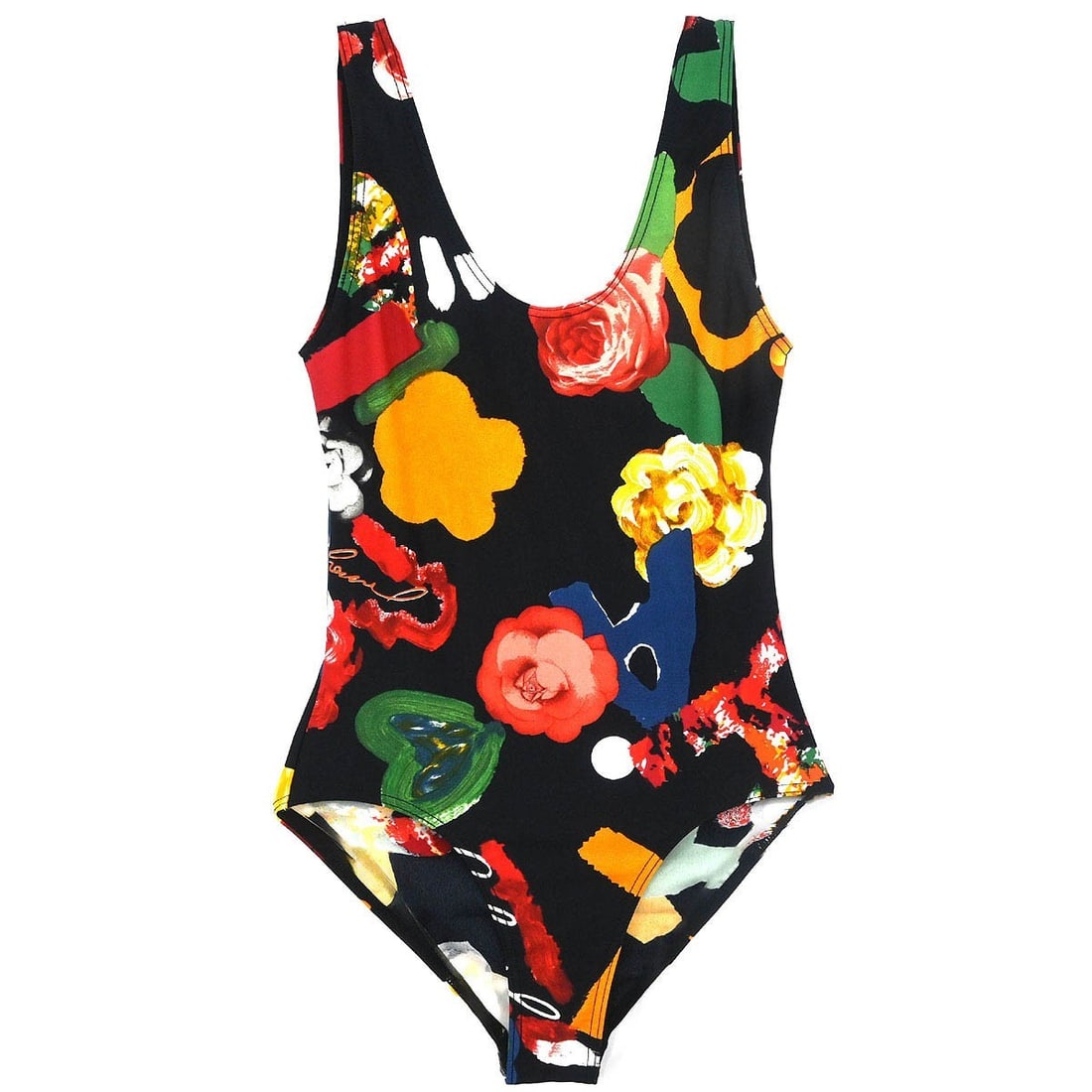 Chanel Black Swimsuit Size 38 with Logo Accents: Chanel Black Swimsuit Size 38 with Logo Accents Elevate your swimwear collection with this elegant Chanel swimsuit in classic black. Designed for a regular fit, this piece is crafted from a blend of 8
