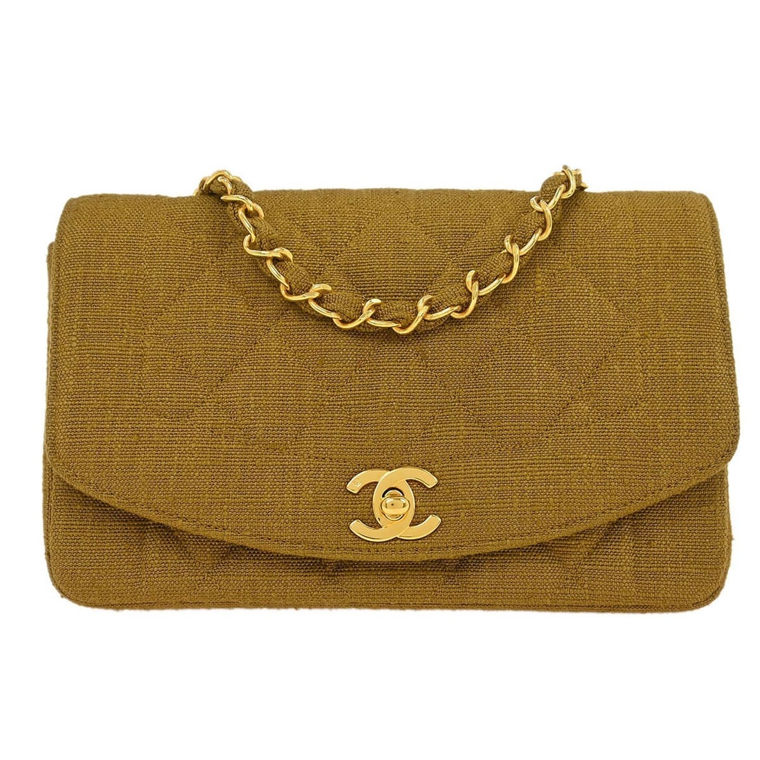 Chanel Brown Linen Small Diana Shoulder Bag with Chain Strap: Chanel Brown Linen Small Diana Shoulder Bag with Chain Strap This stylish Chanel Small Diana Shoulder Bag is expertly crafted in France from luxurious brown linen, featuring a classic matelasse patter