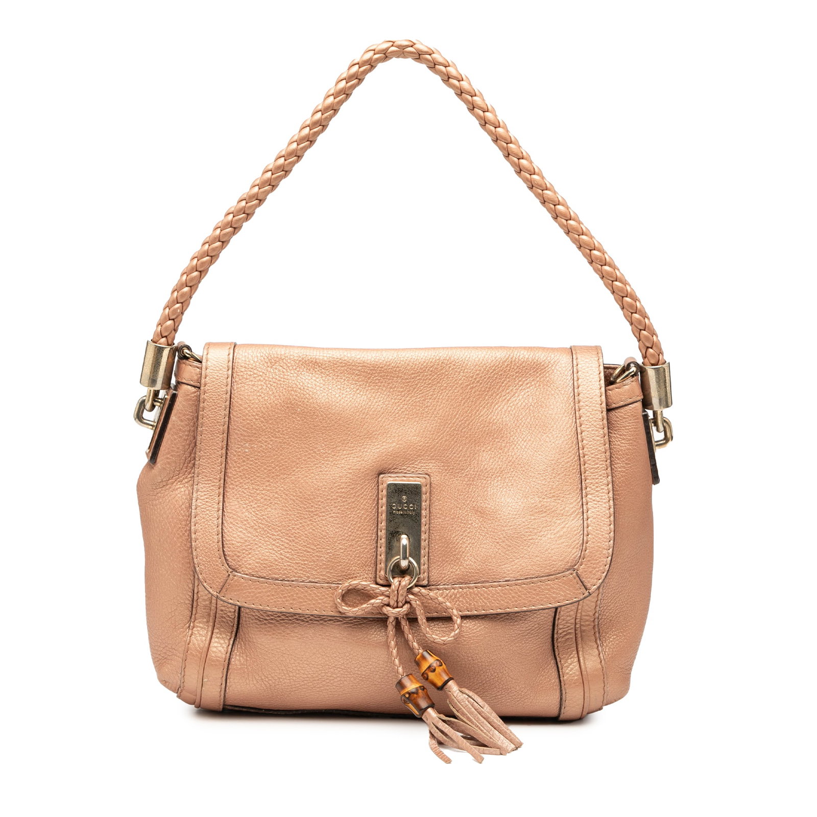 Gucci Leather Bella Satchel Brown with Braided Strap: Gucci Leather Bella Satchel Brown with Braided Strap The Gucci Leather Bella Satchel is a stylish and functional bag crafted from high-quality leather. This satchel features a unique rolled braided st