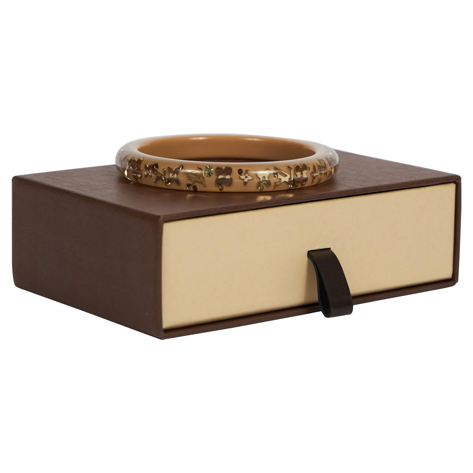 Louis Vuitton Two-Tone Lucite Inlay Logo Bangle Bracelet with Box: Louis Vuitton Two-Tone Lucite Inlay Logo Bangle Bracelet with Box Elevate your accessory collection with this exquisite Louis Vuitton Lucite Inlay Logo Bangle Bracelet. Featuring a striking two-tone d