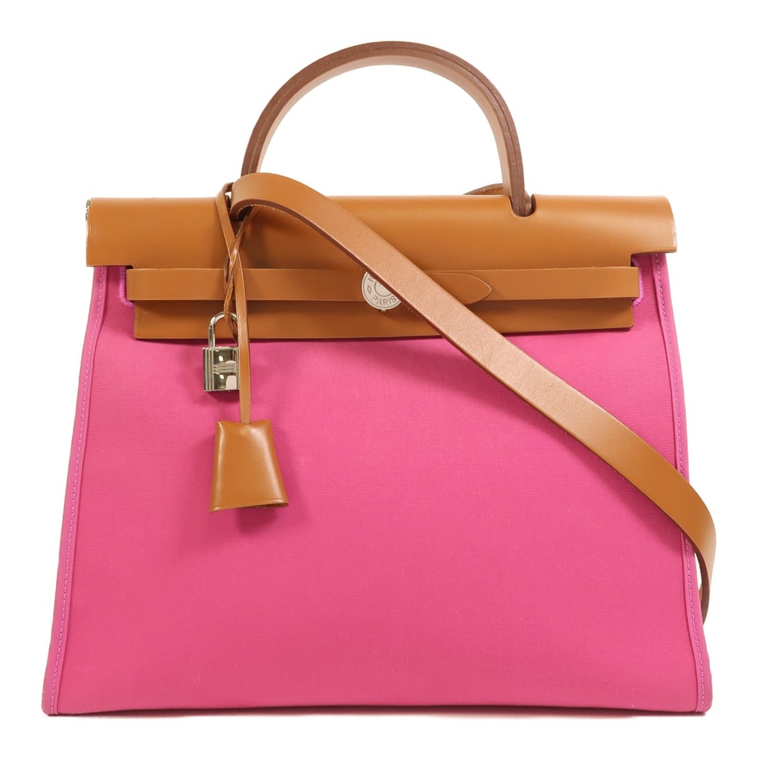 HERMES Herbag PM 2 Way Shoulder Bag Canvas Pink GHW: HERMES Herbag PM 2 Way Shoulder Bag Canvas Pink GHW Introducing the HERMES Herbag PM 2 Way Shoulder Handbag, a stylish and versatile accessory crafted from durable canvas in a charming pink hue. This 