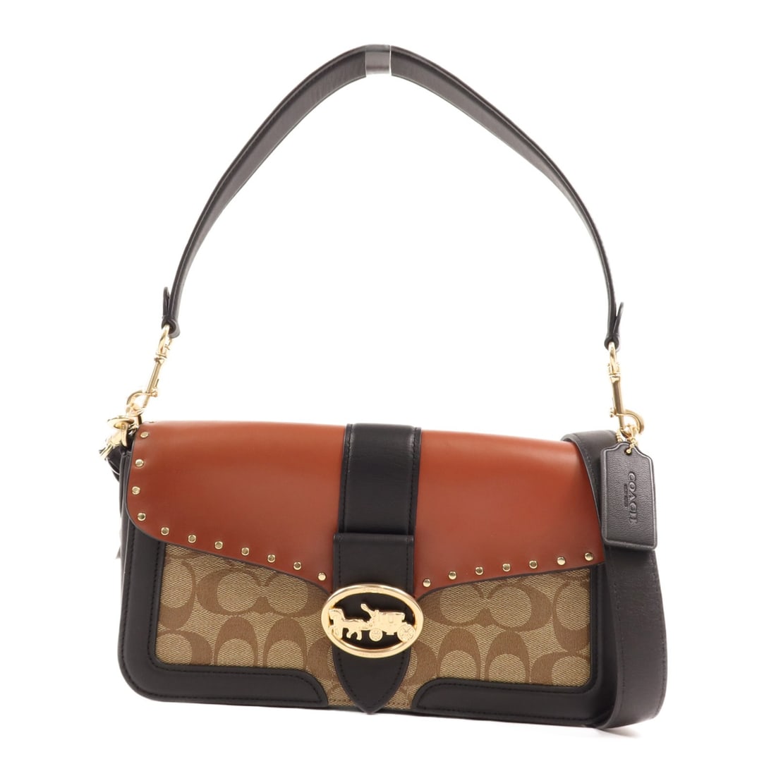 COACH 2 Way Shoulder Bag GHW Coated Canvas Brown Black Red: COACH 2 Way Shoulder Bag GHW Coated Canvas Brown Black Red This stylish COACH 2 Way Shoulder Bag showcases a chic design crafted from durable PVC coated canvas. The exterior features a sophisticated b