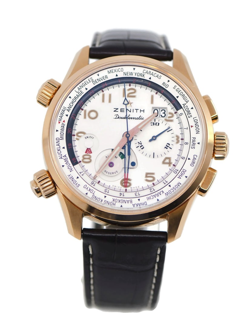 Zenith El Primero Doublematic 18K Rose Gold Wristwatch 44mm with Box and Papers: Zenith El Primero Doublematic 18K Rose Gold Wristwatch 44mm with Box and Papers Experience luxury with the Zenith El Primero Doublematic wristwatch, crafted from 18K rose gold. This exquisite timepiec