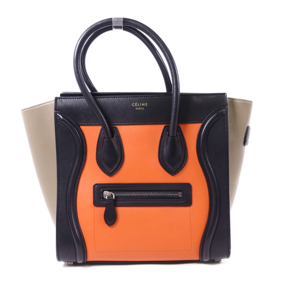 CELINE Micro Luggage Handbag Black Calfskin Leather SHW: CELINE Micro Luggage Handbag Black Calfskin Leather SHW This stylish CELINE handbag showcases a sleek micro luggage design crafted from high-quality calfskin leather in a striking black and orange col