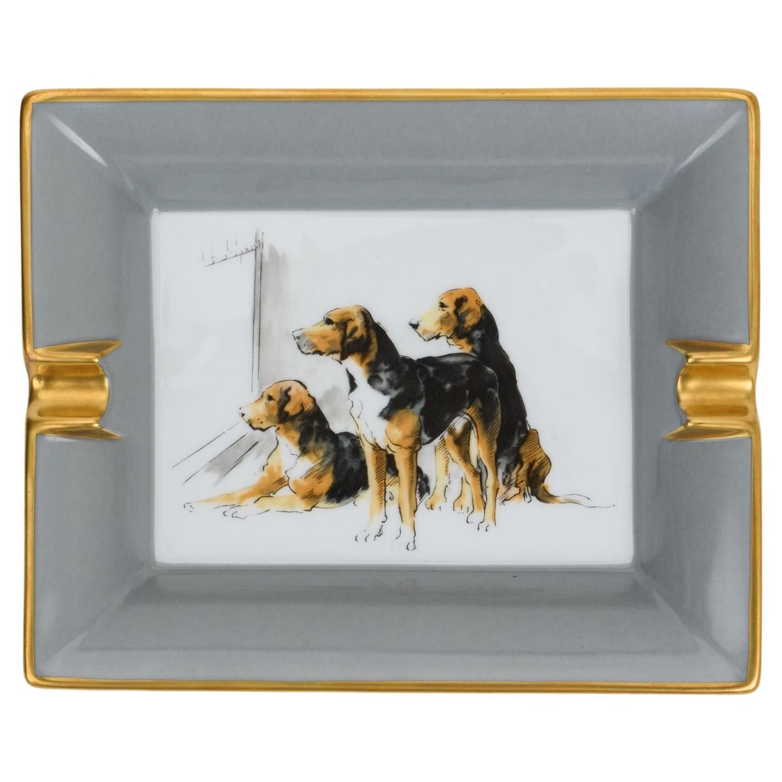 Hermes Grey Gold Beagle Porcelain Ashtray France 21st Century: Hermes Grey Gold Beagle Porcelain Ashtray France 21st Century Elevate your decor with this exquisite Hermes Grey Gold Dog Porcelain Ashtray. Crafted in France, this stylish piece features beautifully 