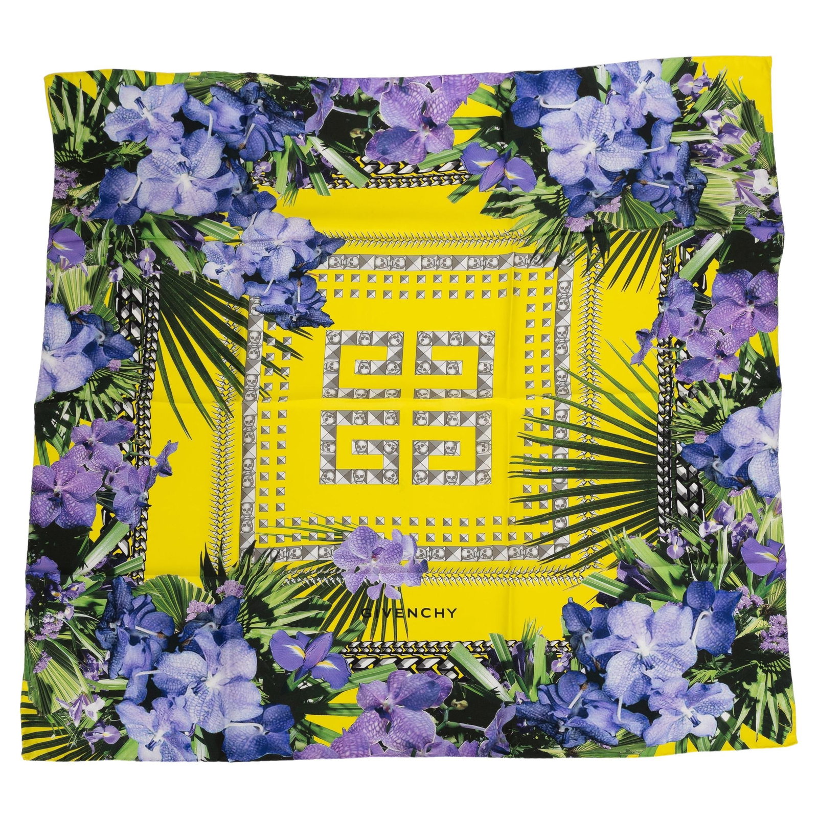 Givenchy 100% Silk Flower Scarf 35 in New Design: Givenchy 100% Silk Flower Scarf 35 in New Design Elevate your accessory collection with this stunning Givenchy silk scarf. Crafted from 100% silk, this brand new scarf features a vibrant yellow and pu